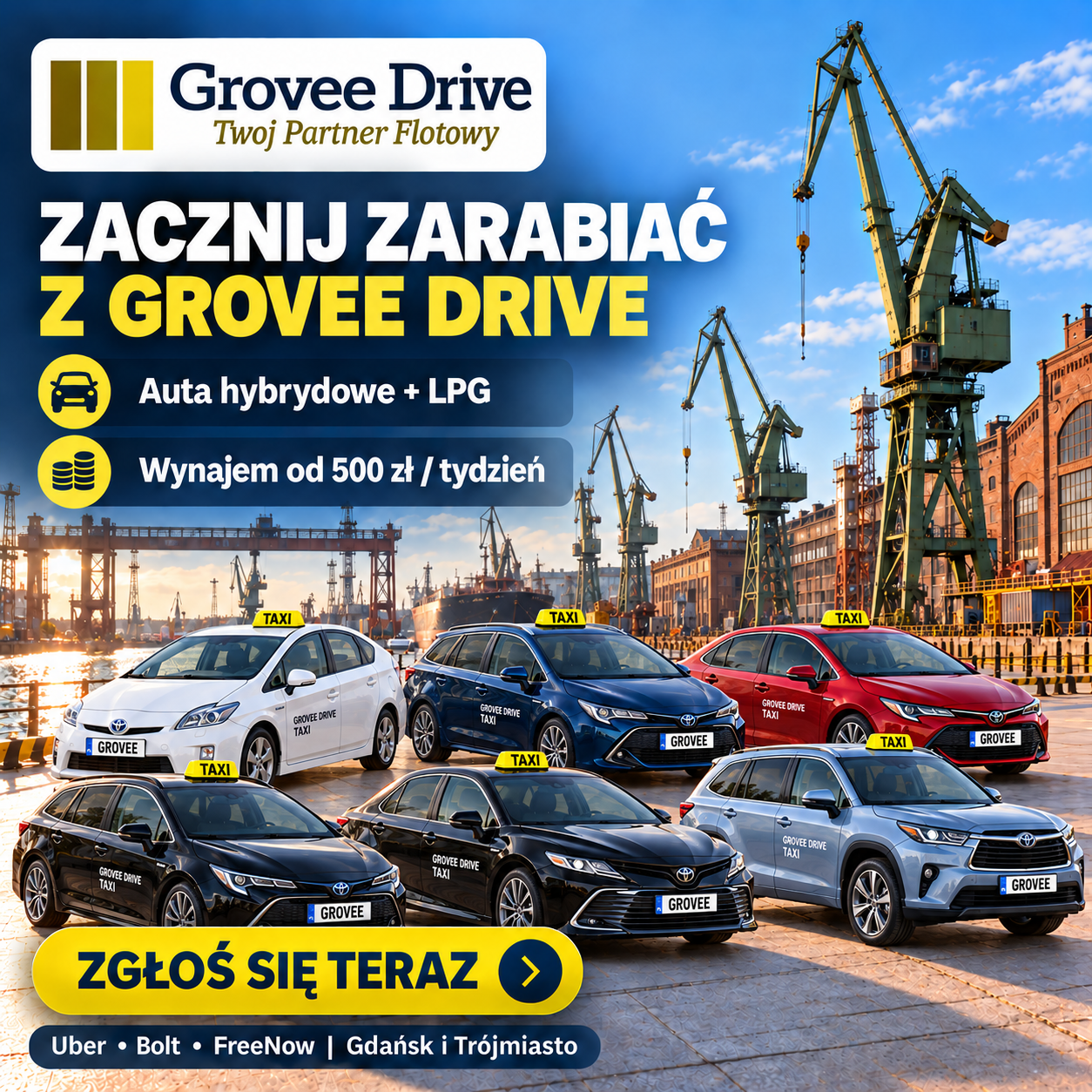 Samochody floty Grovee Drive: Toyota Prius, Auris, Corolla, Camry i Highlander